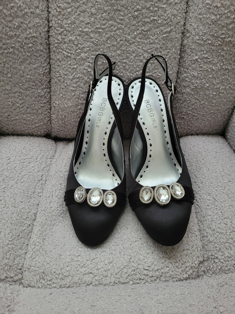 BCBGirls Black Satin Slingback Heels with Crystal Accents
